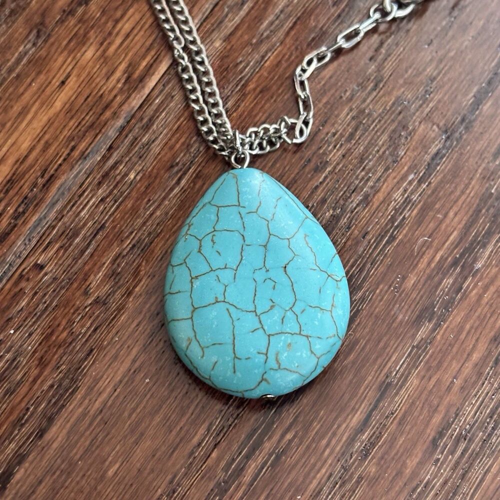 Faux Turquoise Teardrop Pendant Necklace 30” Mixed Link Silver Tone Chain Boho